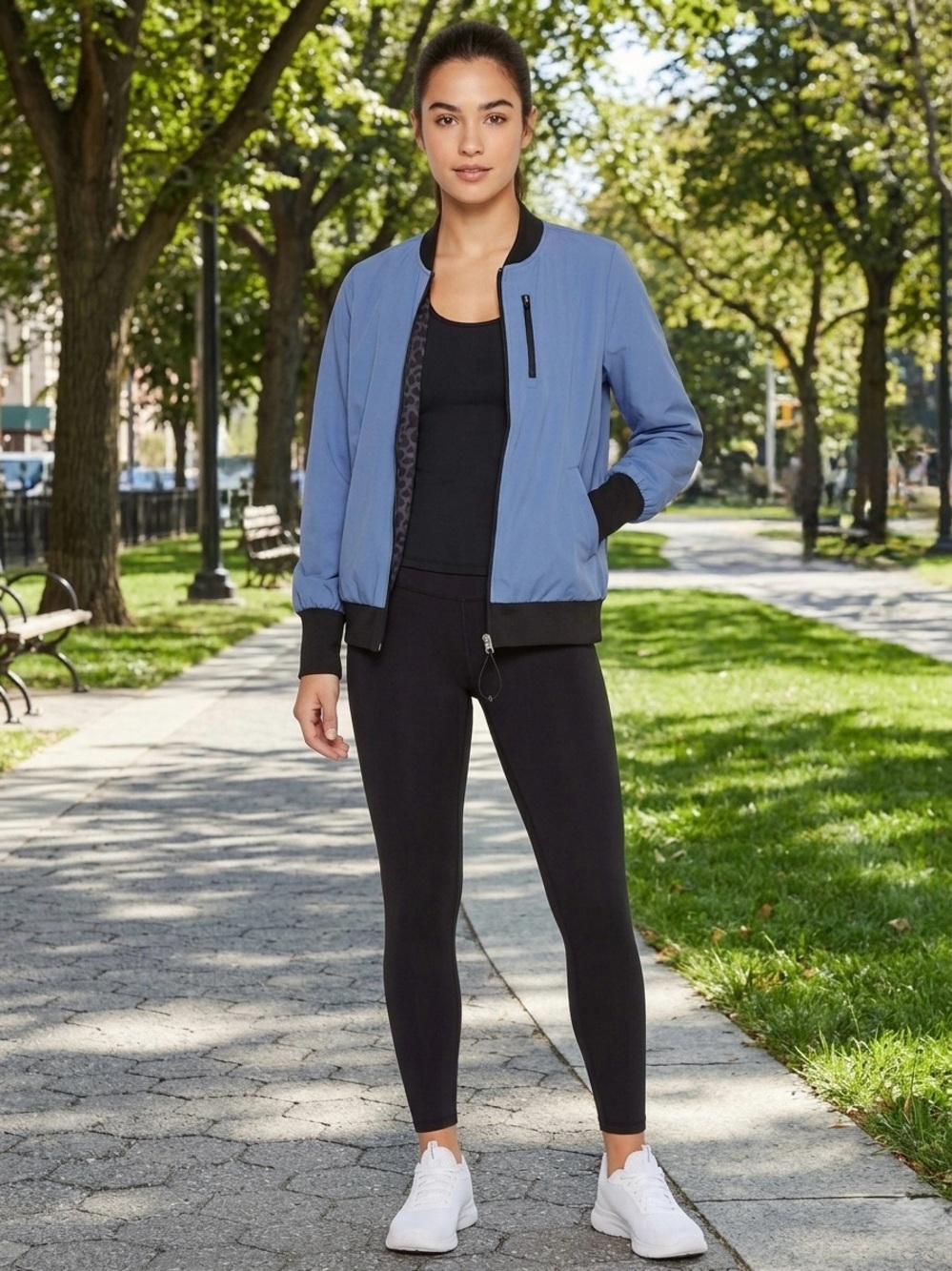 Skechers GO WALK Reversible Bomber Jacket Womens M Blue Black Leopard Print